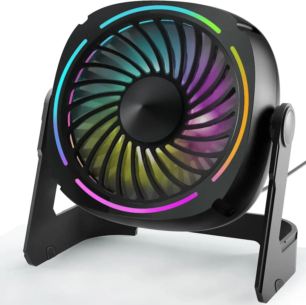 USB Desk Fan 5.5 Inch 3 Speed 8 Color LED Light 360 Rotation Quiet for Home Office Black tilwbq